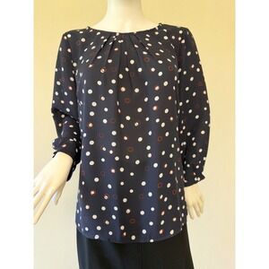 Serein Navy Blue Polka Dot Pleated Blouse 3/4 Sleeve Top Women‎ Size L